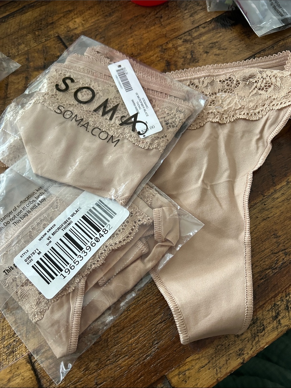 3 pr. NWT Soma Lace-Waist thong Panty in Nude